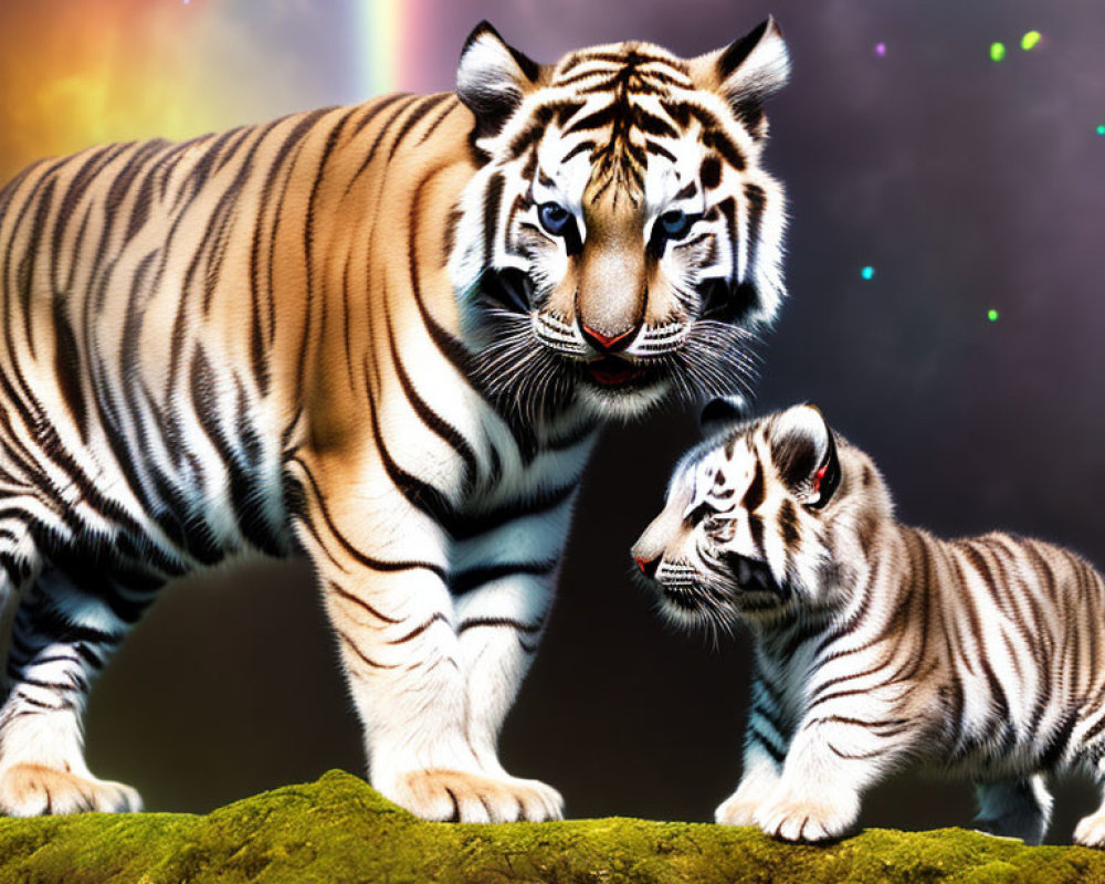 Tiger and Cub on Rock with Cosmic Background