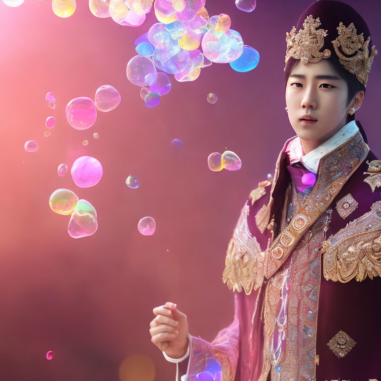 Traditional Asian royal attire figure with bubble wand in iridescent bubbles on pink background