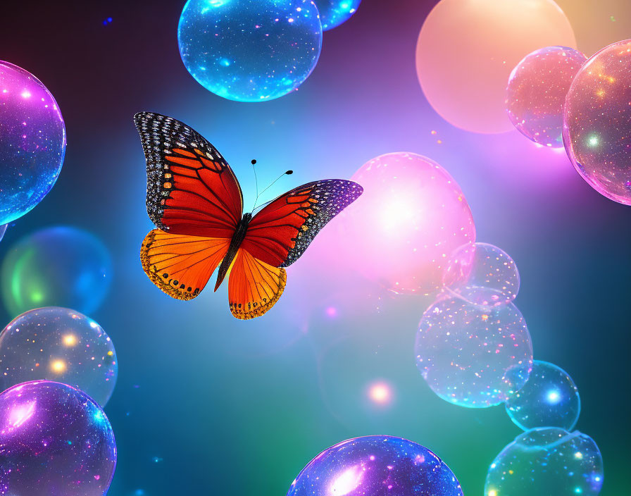 Colorful Orange Butterfly Flies Among Glowing Orbs