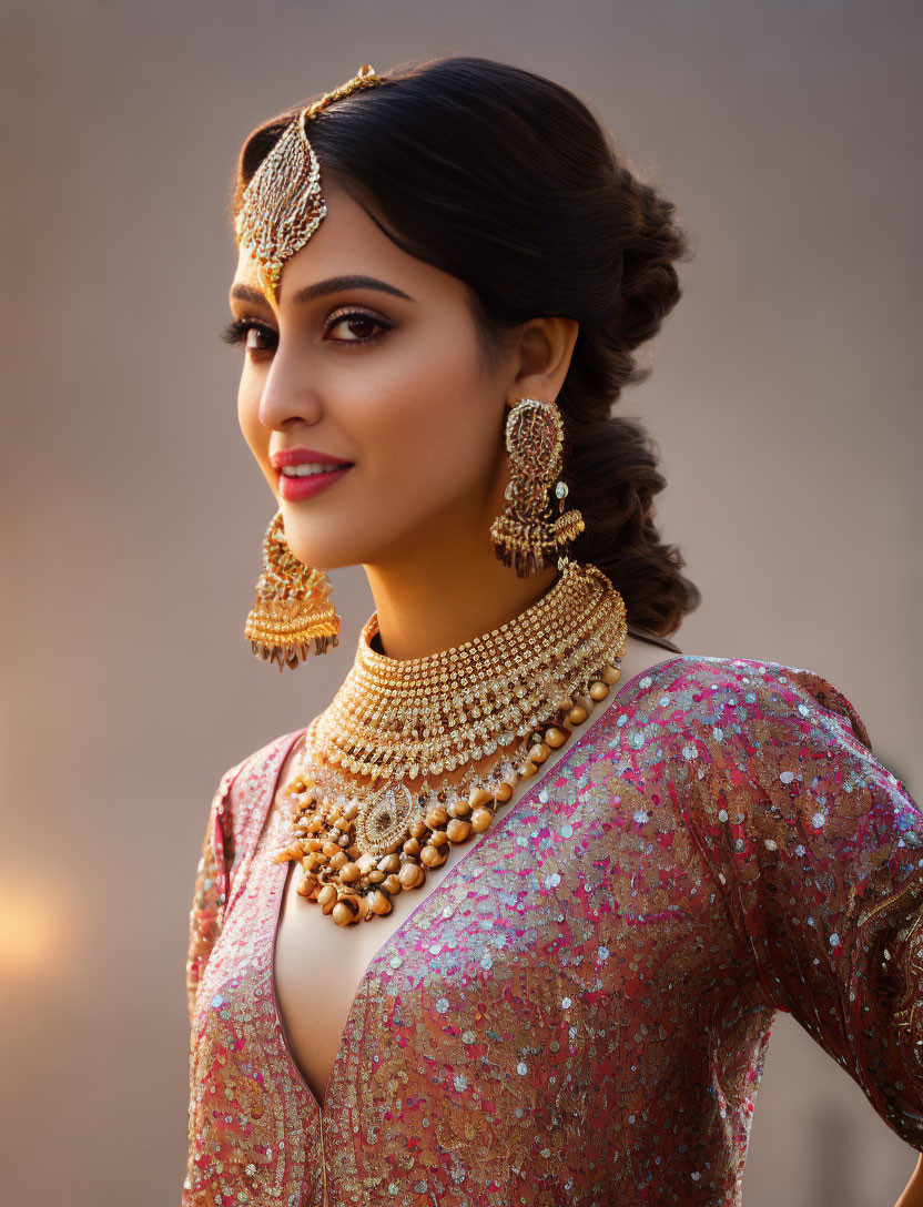 Elegant woman in ethnic attire with gold jewelry gazes sideways