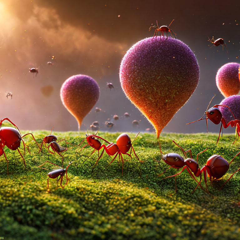 Surreal digital artwork: oversized ants, floating berries, dramatic sky