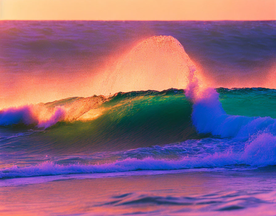 Colorful wave under sunset sky with rainbow spray