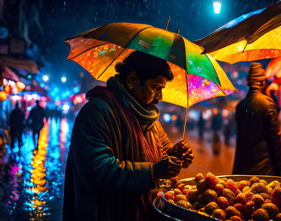 Man with colorful umbrella at night market with pomegranate cart and rain-soaked streets