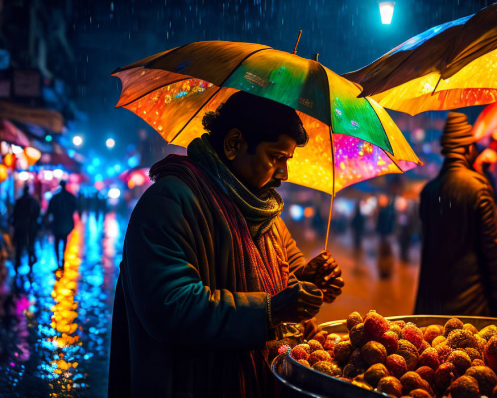 Man with colorful umbrella at night market with pomegranate cart and rain-soaked streets