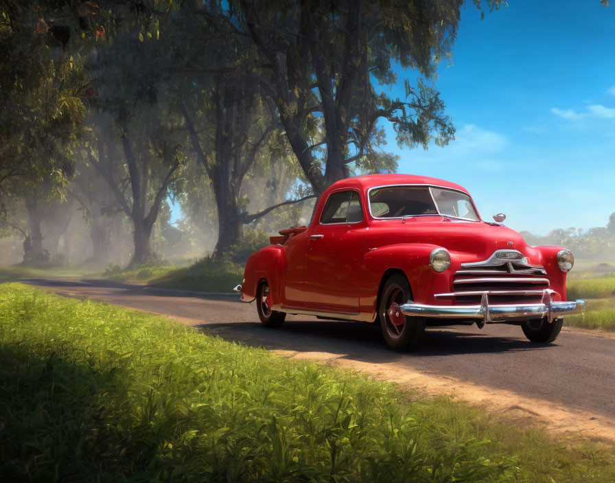 Vintage Red Car Parked on Serene Country Road