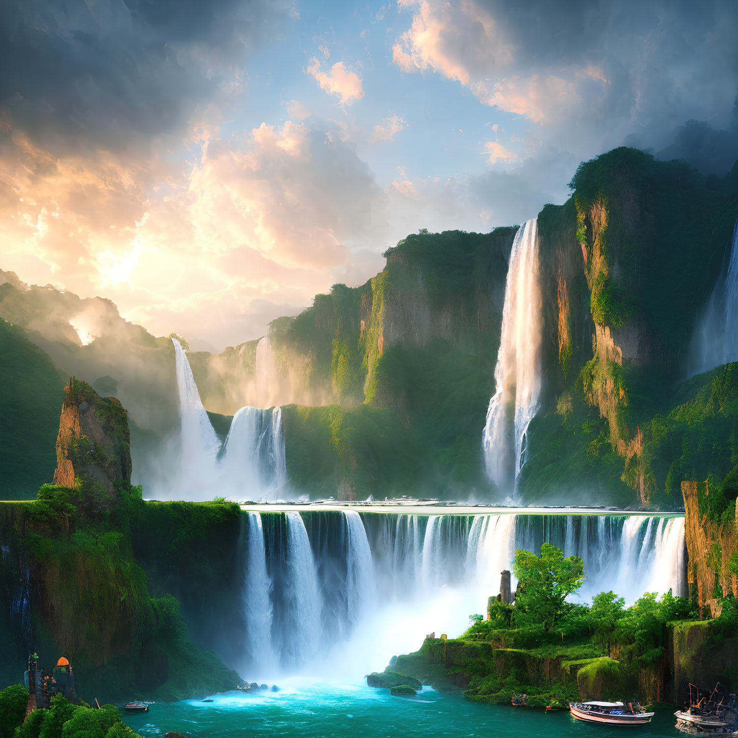 Scenic landscape with cascading waterfalls, lush greenery, and radiant sun.