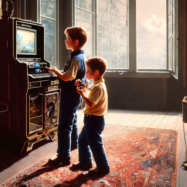 Two boys playing video game in sunlit arcade room