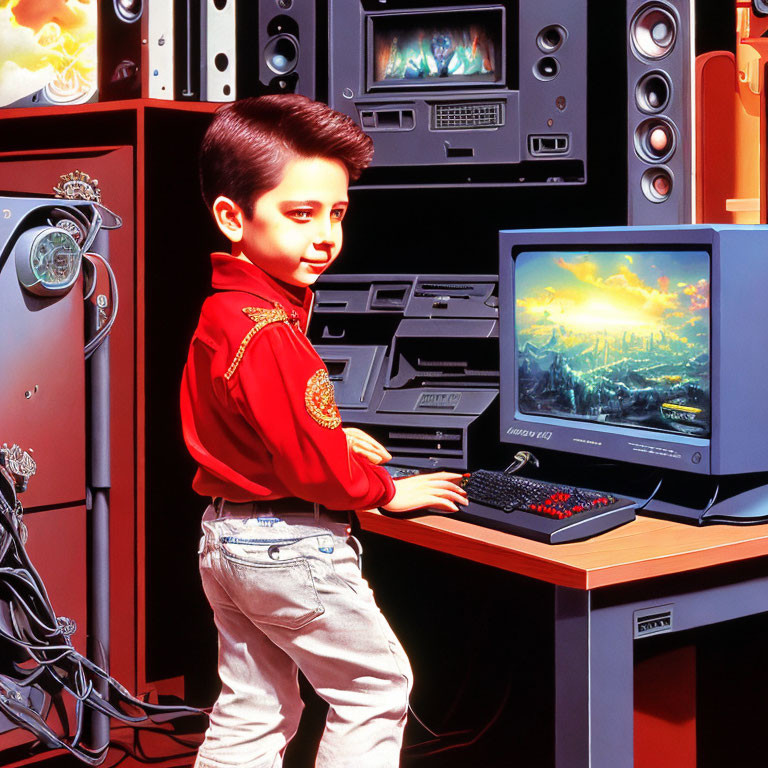 Young boy in red jacket at computer desk with vintage monitor showing futuristic city & electronics.