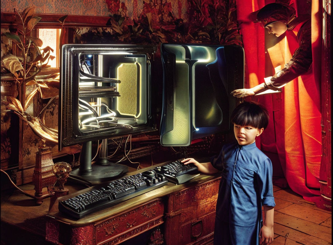 Child in blue outfit with vintage computers in ornate room