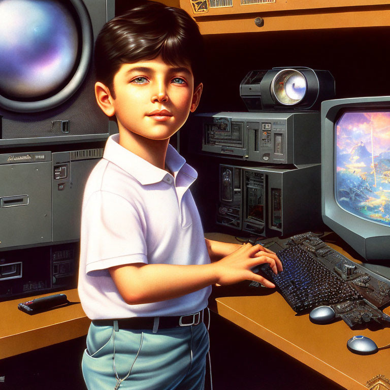 Boy with Dark Hair and Blue Eyes in Front of Vintage Computers and Sci-Fi Monitors