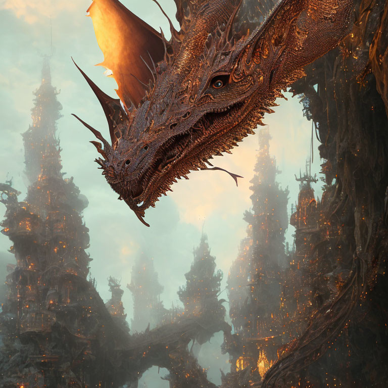 Majestic dragon in misty landscape with medieval towers.