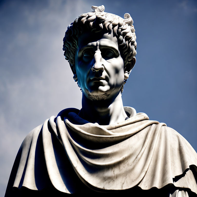 Classical statue with curly hair and draped clothing under clear blue sky