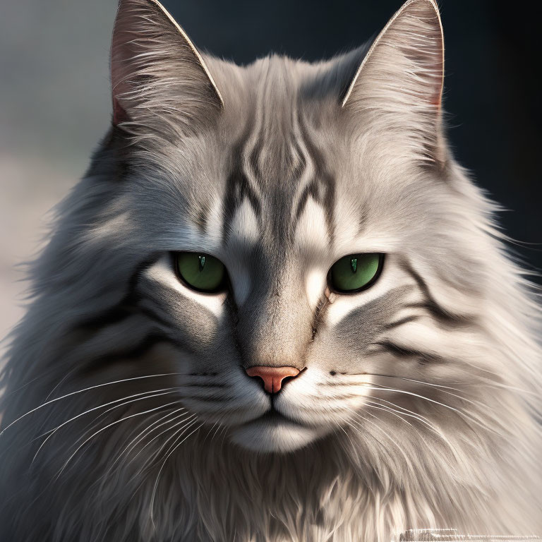 Fluffy Gray Cat with Green Eyes and Pink Nose