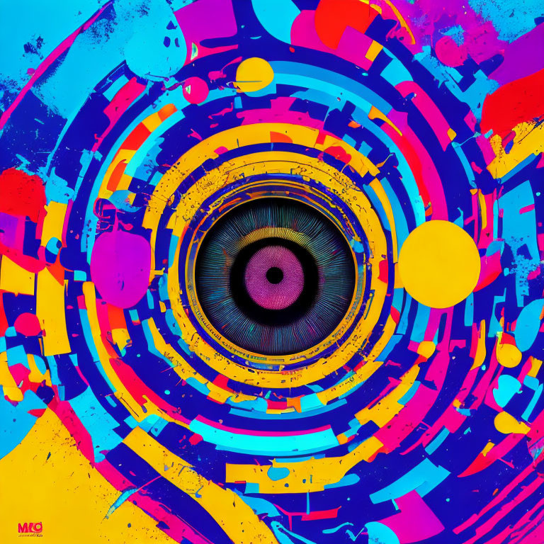 Colorful Abstract Artwork with Central Eye Motif and Vibrant Palette