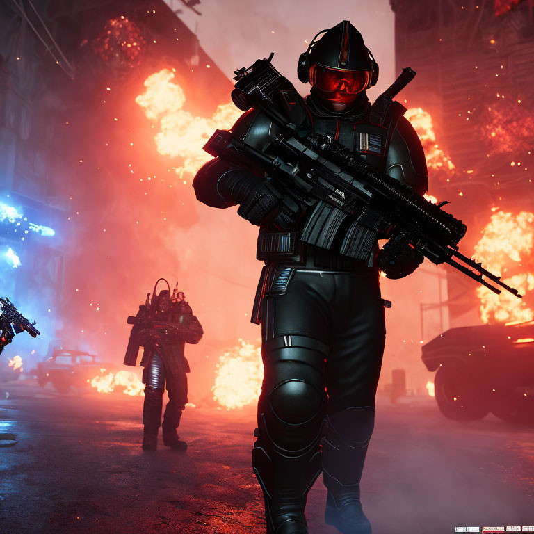 Futuristic soldiers in black armor with visor helmets and rifles amid explosive backdrop