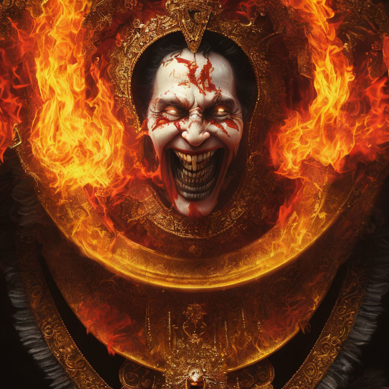 Menacing clown face with sharp teeth in ornate frame surrounded by flames