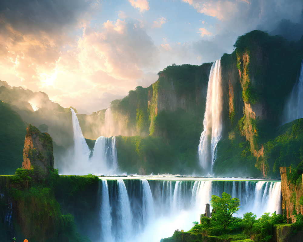 Scenic landscape with cascading waterfalls, lush greenery, and radiant sun.