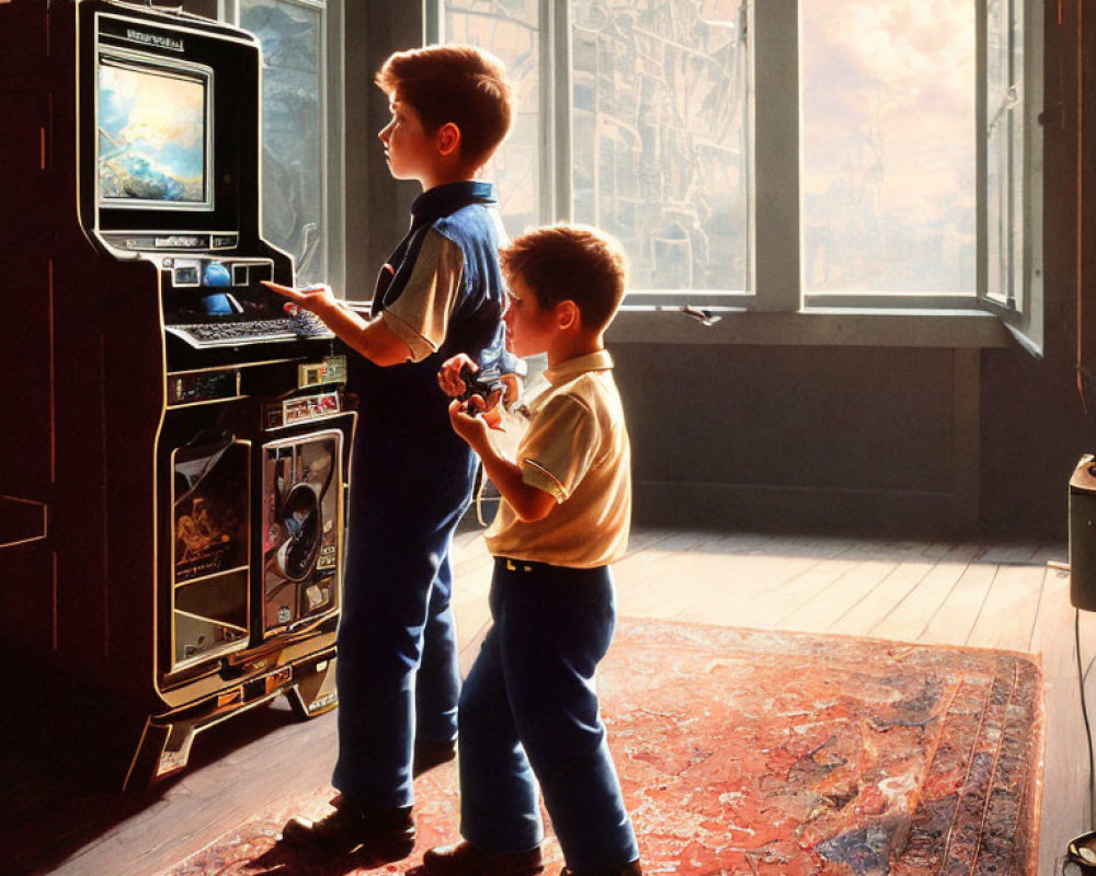 Two boys playing video game in sunlit arcade room