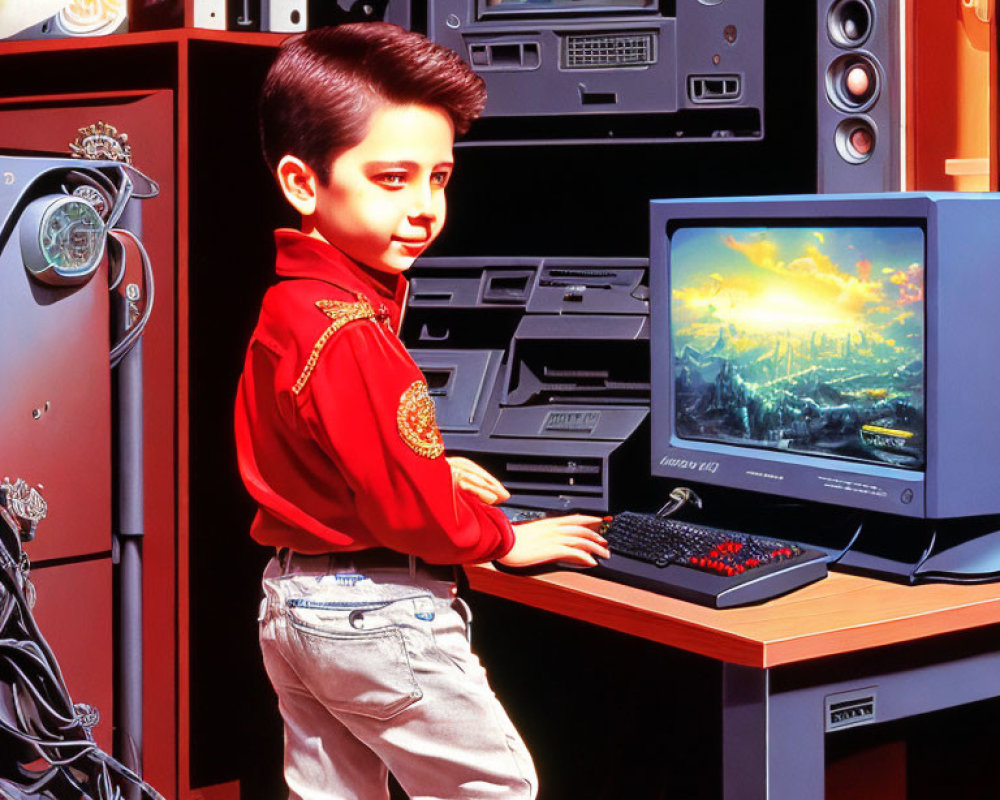 Young boy in red jacket at computer desk with vintage monitor showing futuristic city & electronics.