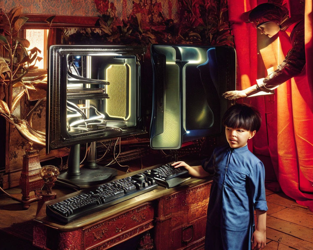 Child in blue outfit with vintage computers in ornate room