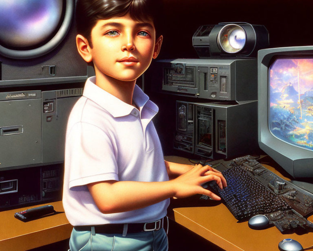 Boy with Dark Hair and Blue Eyes in Front of Vintage Computers and Sci-Fi Monitors