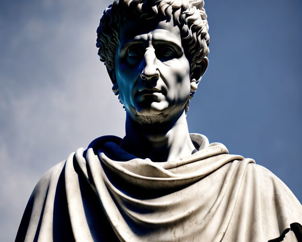 Classical statue with curly hair and draped clothing under clear blue sky