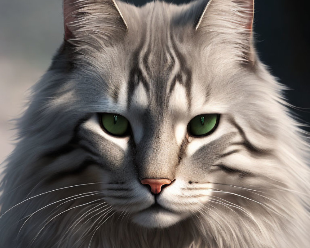 Fluffy Gray Cat with Green Eyes and Pink Nose