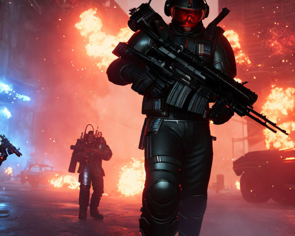 Futuristic soldiers in black armor with visor helmets and rifles amid explosive backdrop