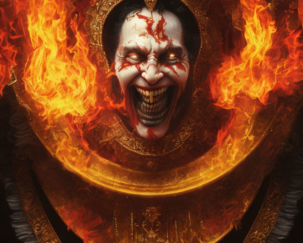 Menacing clown face with sharp teeth in ornate frame surrounded by flames