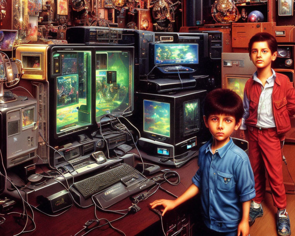 Children surrounded by vintage electronics and colorful computer screens.