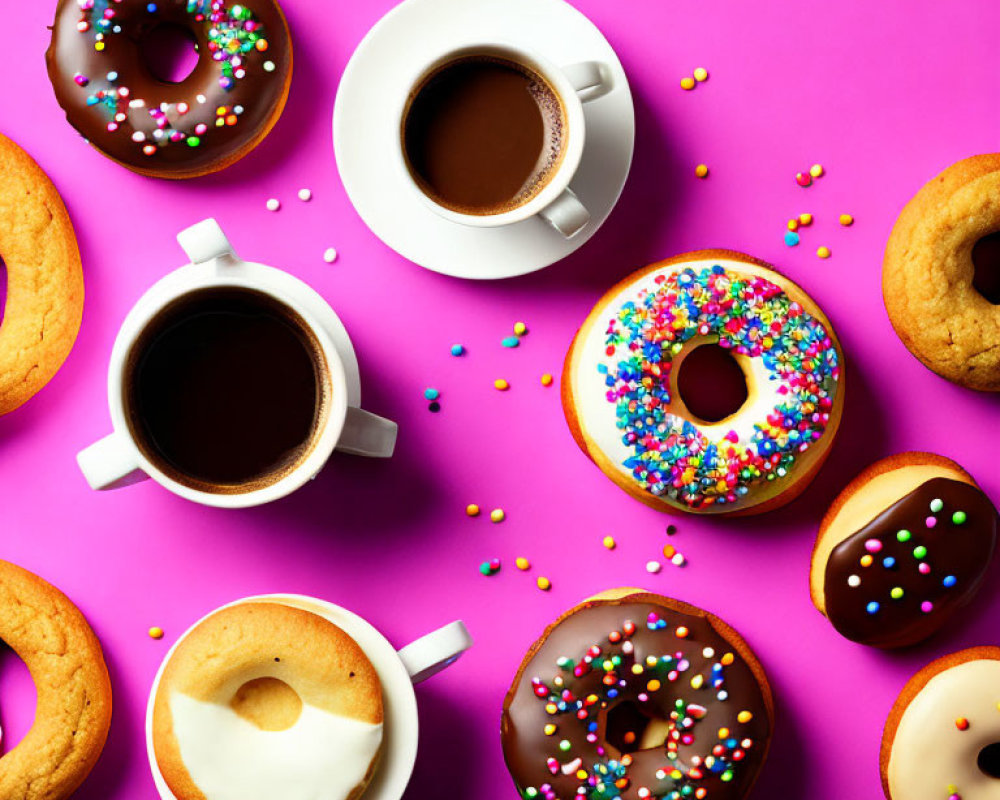 Assorted Donuts and Coffee Cups on Pink Background with Sprinkles