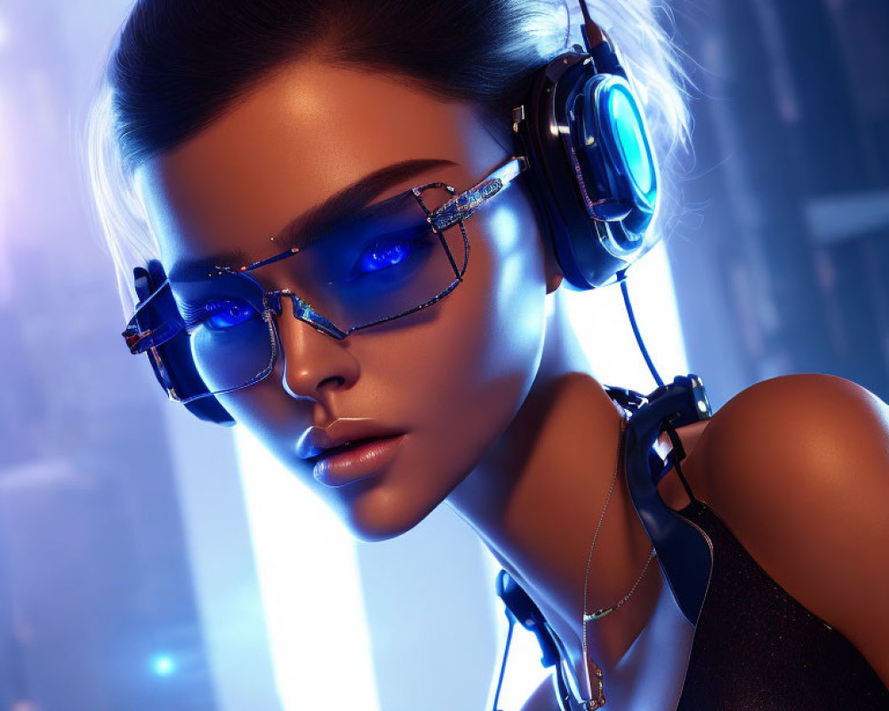 Futuristic woman with sunglasses and headphones in 3D render