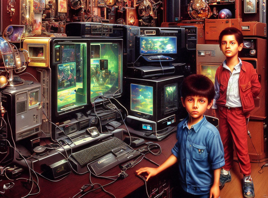 Children surrounded by vintage electronics and colorful computer screens.