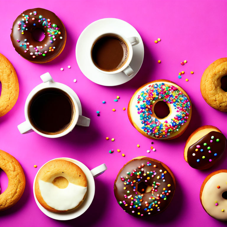 Assorted Donuts and Coffee Cups on Pink Background with Sprinkles