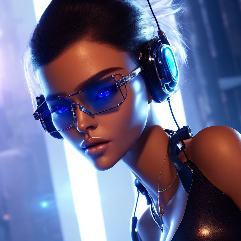 Futuristic woman with sunglasses and headphones in 3D render