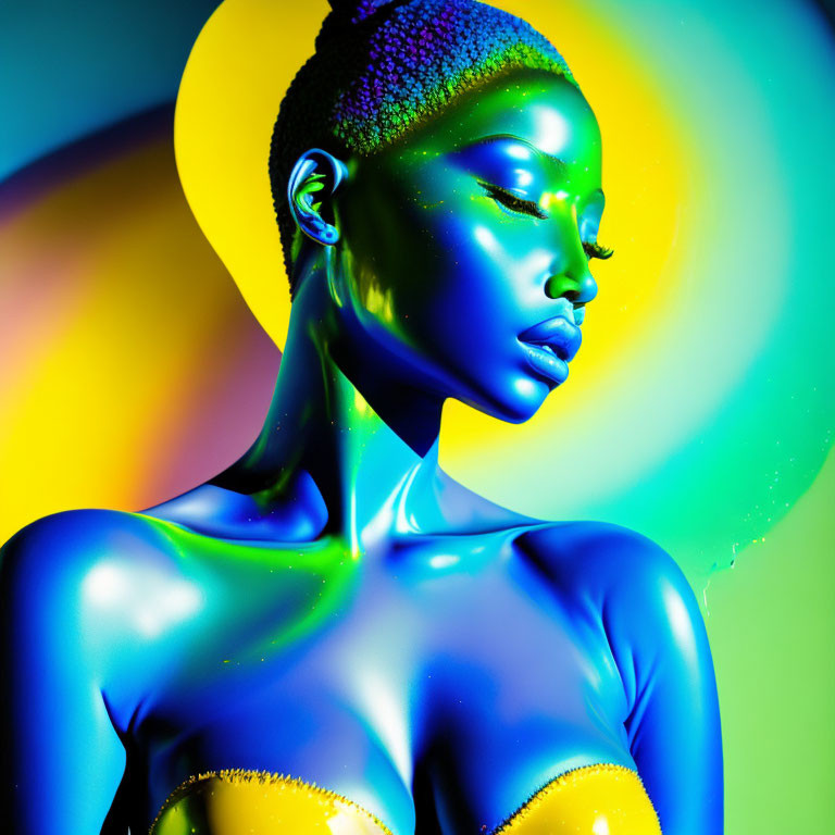 Vibrant neon paint portrait of a woman with multicolored background