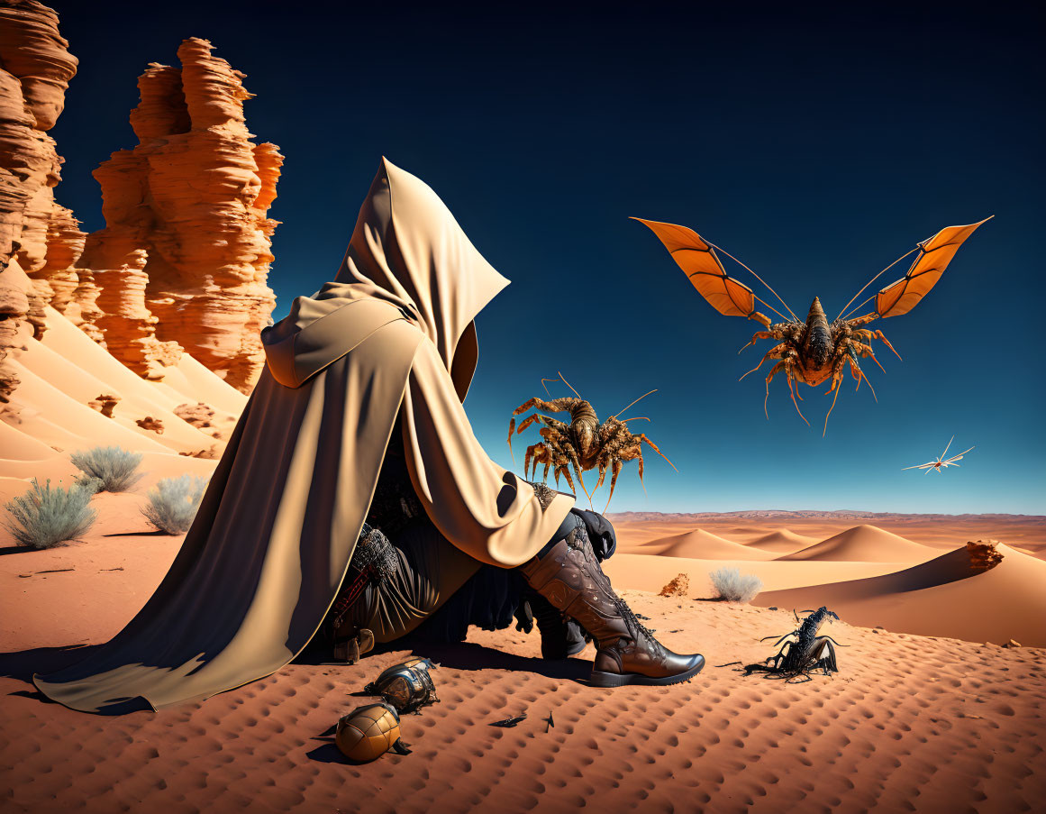 Mysterious figure observes mechanical insects in desert landscape