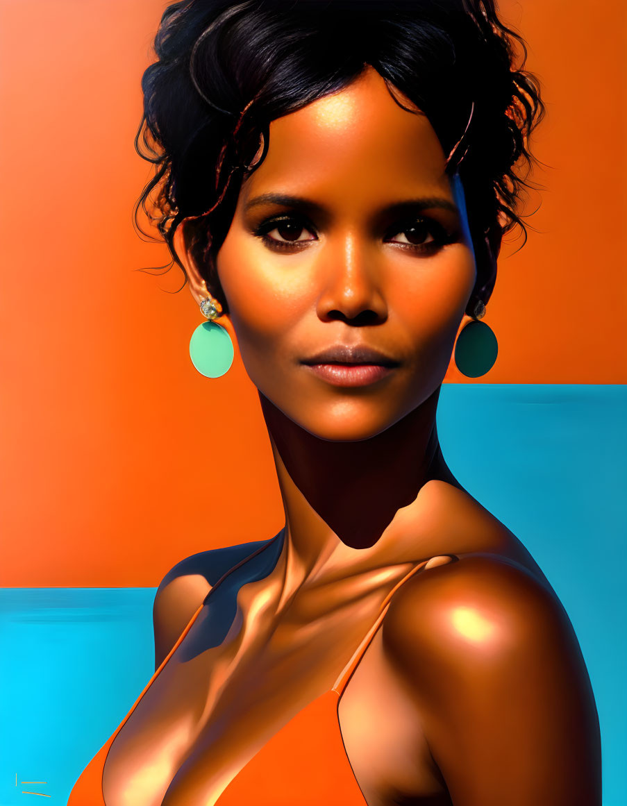 Digital portrait of woman with dark hair on warm orange & blue background, showcasing earrings and serene expression