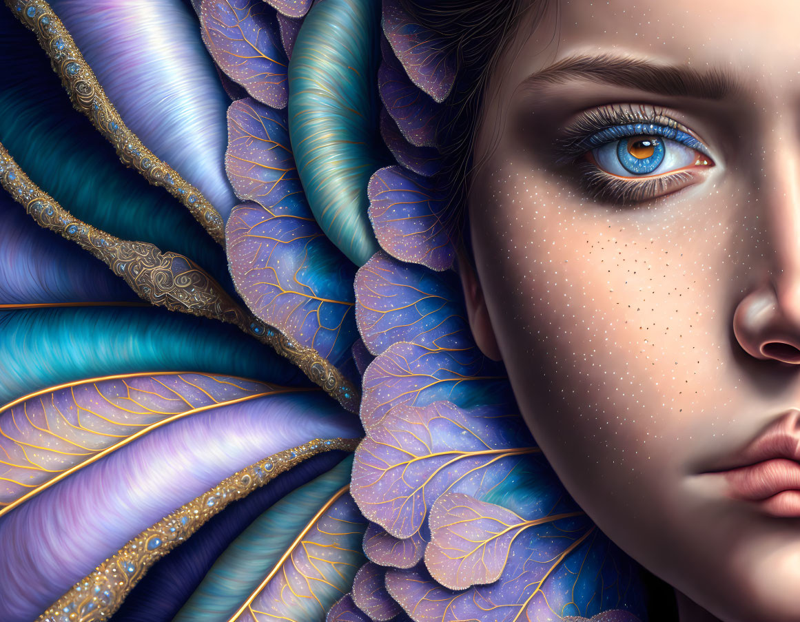 Detailed illustration of woman with blue eye and ornate, jewel-toned feathers.