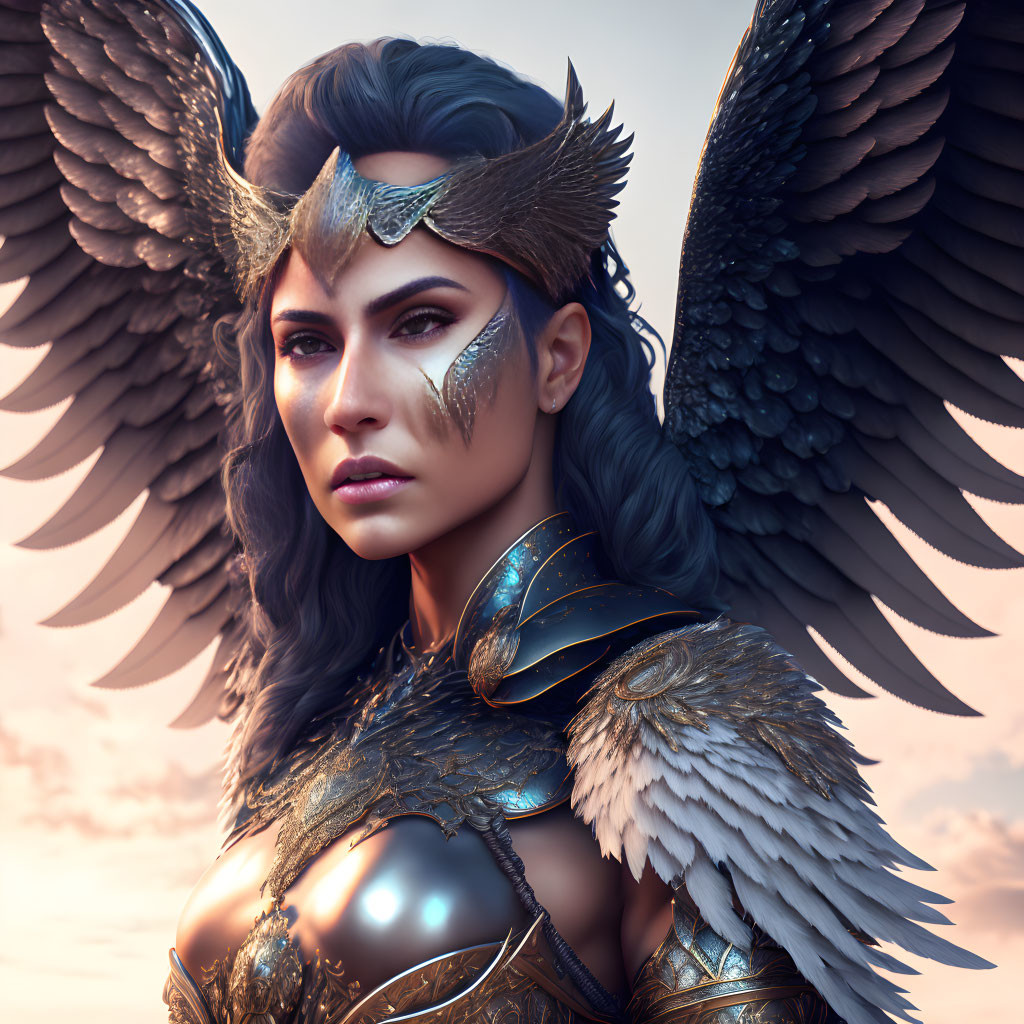 Digital Artwork: Fierce Female Warrior with Dark Angel Wings