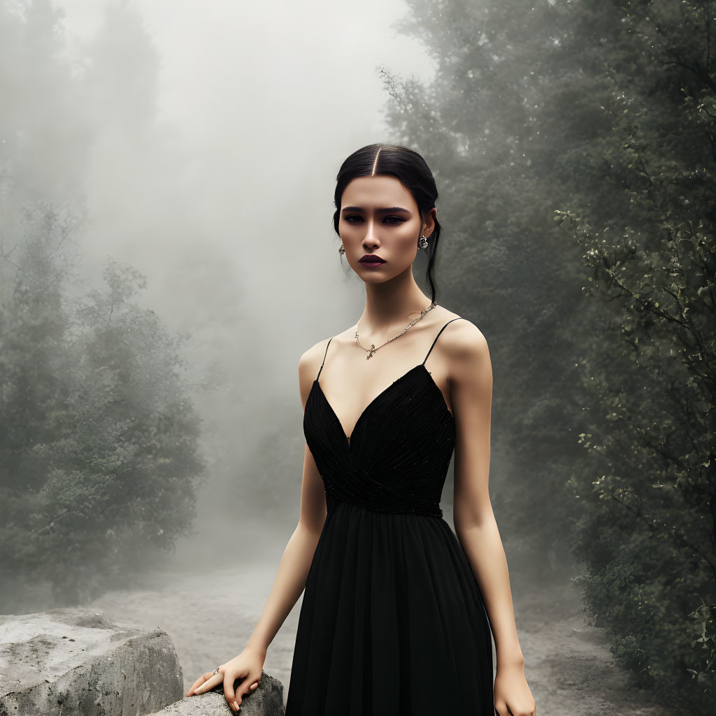 Woman in Black Dress Standing in Misty Forest with Hand on Stone