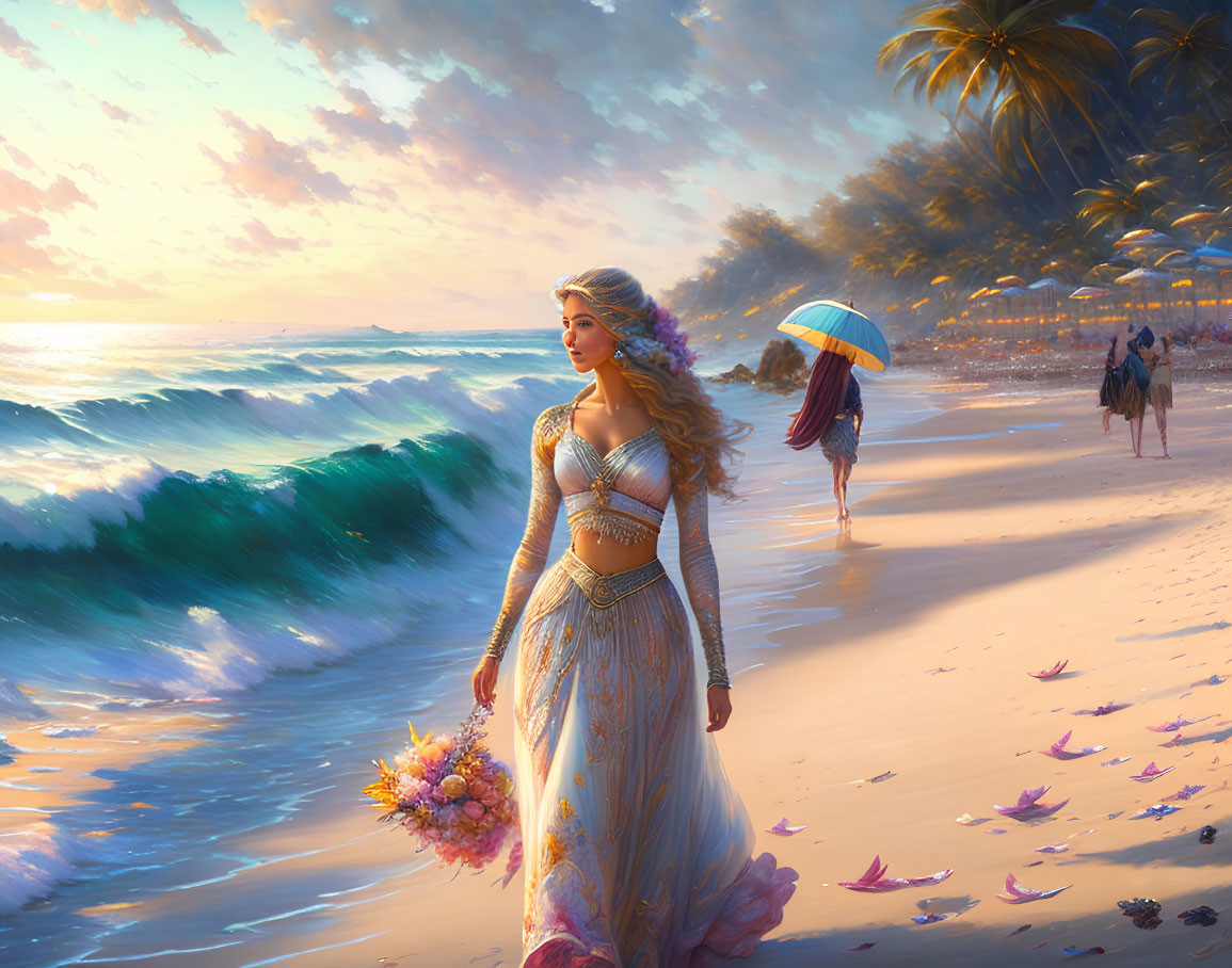 Woman in flowing dress with flowers walking on beach at sunset
