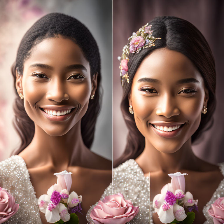 Smiling woman with floral hairpiece holding a rose in two portraits