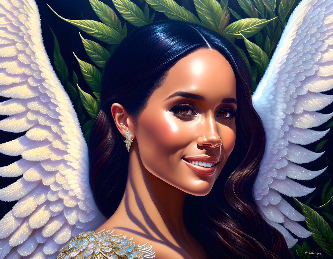 Digital portrait of smiling woman with angel wings and lush green foliage background.