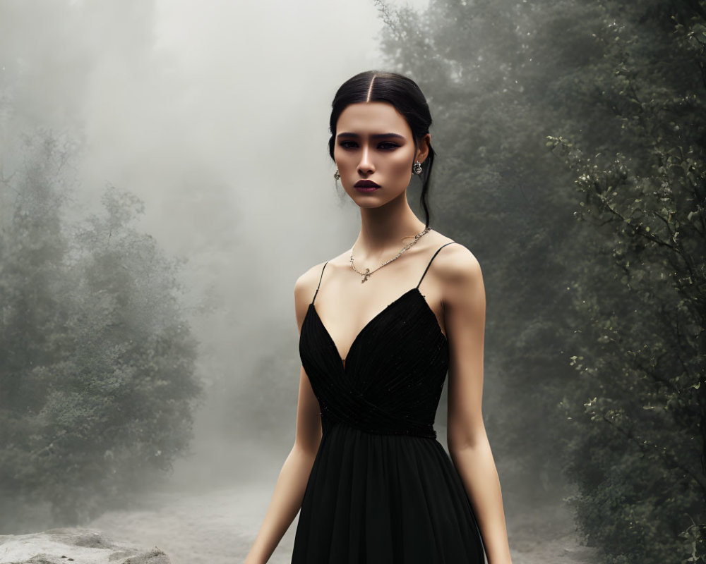 Woman in Black Dress Standing in Misty Forest with Hand on Stone