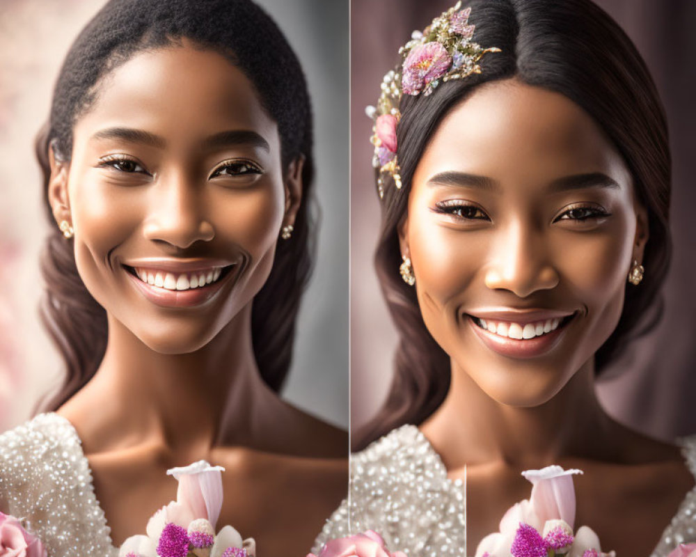 Smiling woman with floral hairpiece holding a rose in two portraits