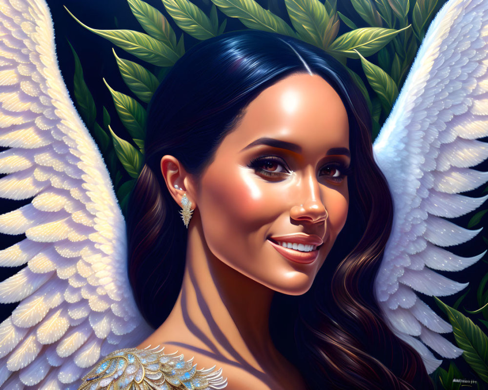 Digital portrait of smiling woman with angel wings and lush green foliage background.
