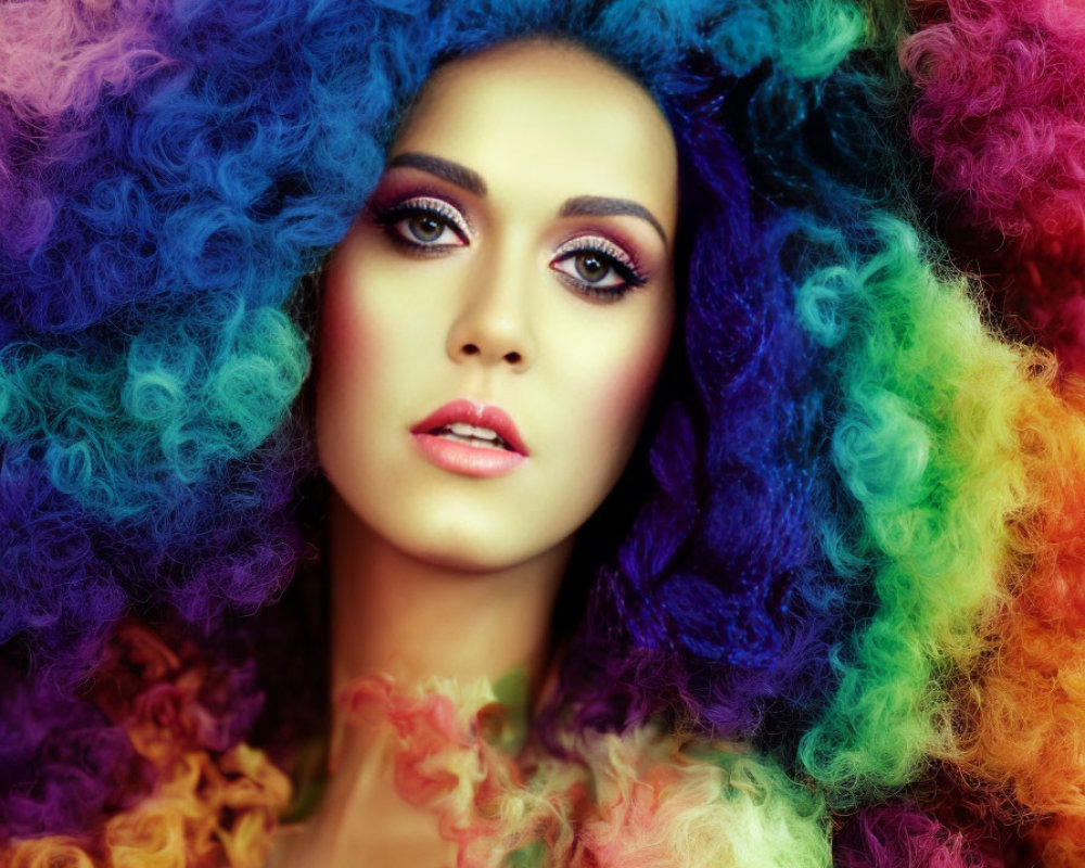 Portrait of woman with vibrant multicolored curly hair and makeup.
