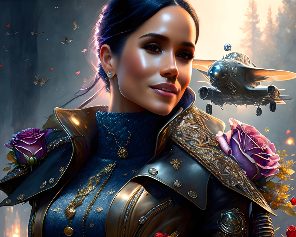 Digital artwork featuring woman in ornate armor with roses, vintage plane, and enchanted forest.