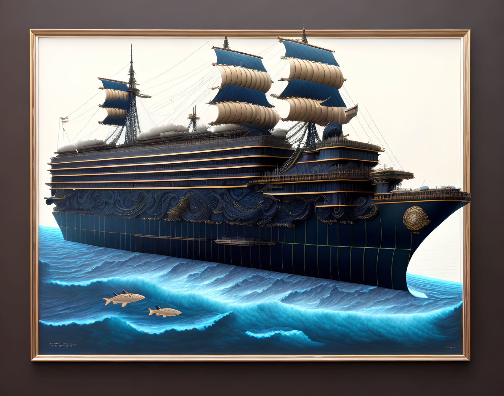 Ornate sailing ship with blue sails and dolphins in elegant frame